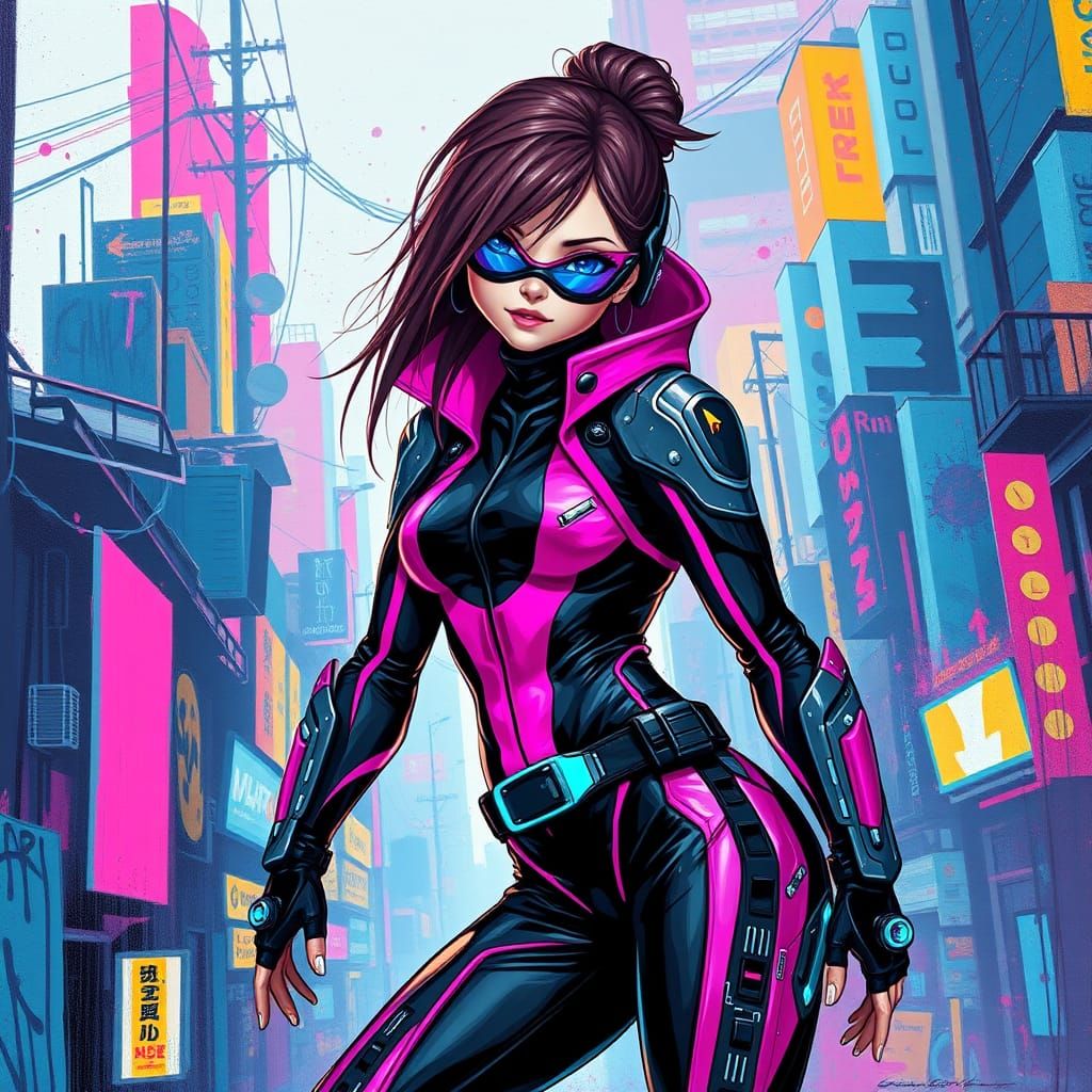 Cyber Warrior in High-Tech Neon Urban Landscape