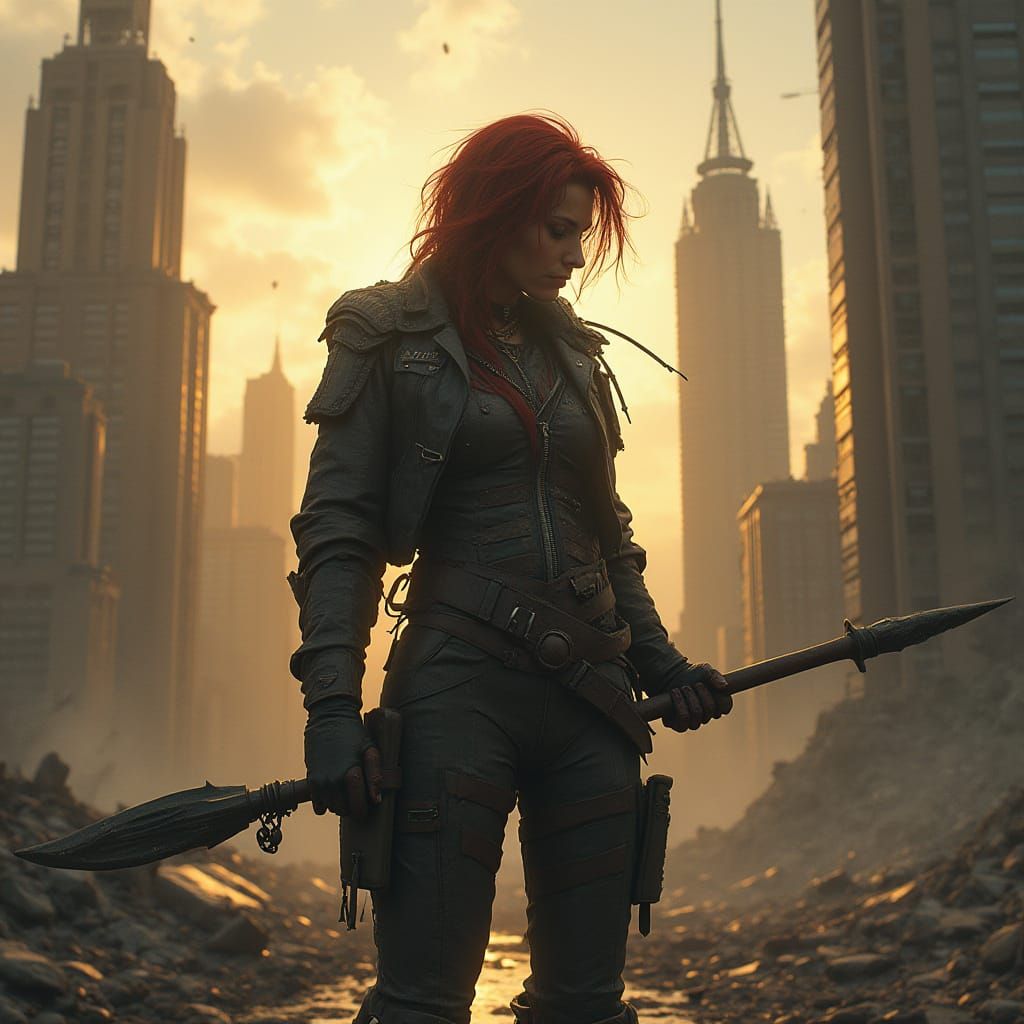 Post-Apocalyptic Survivor in Decaying Cityscape