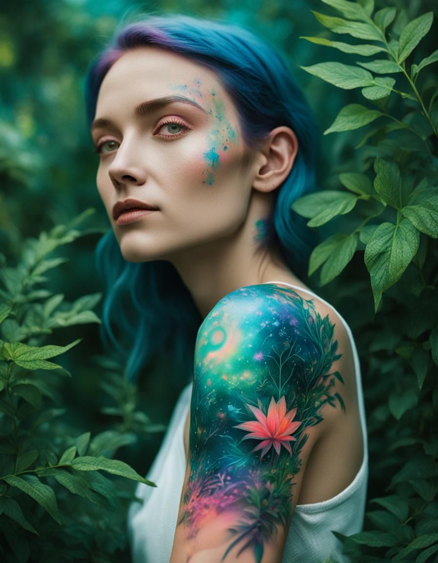 Surreal Cosmic Tattoo Portrait in Dreamy, Ethereal Style