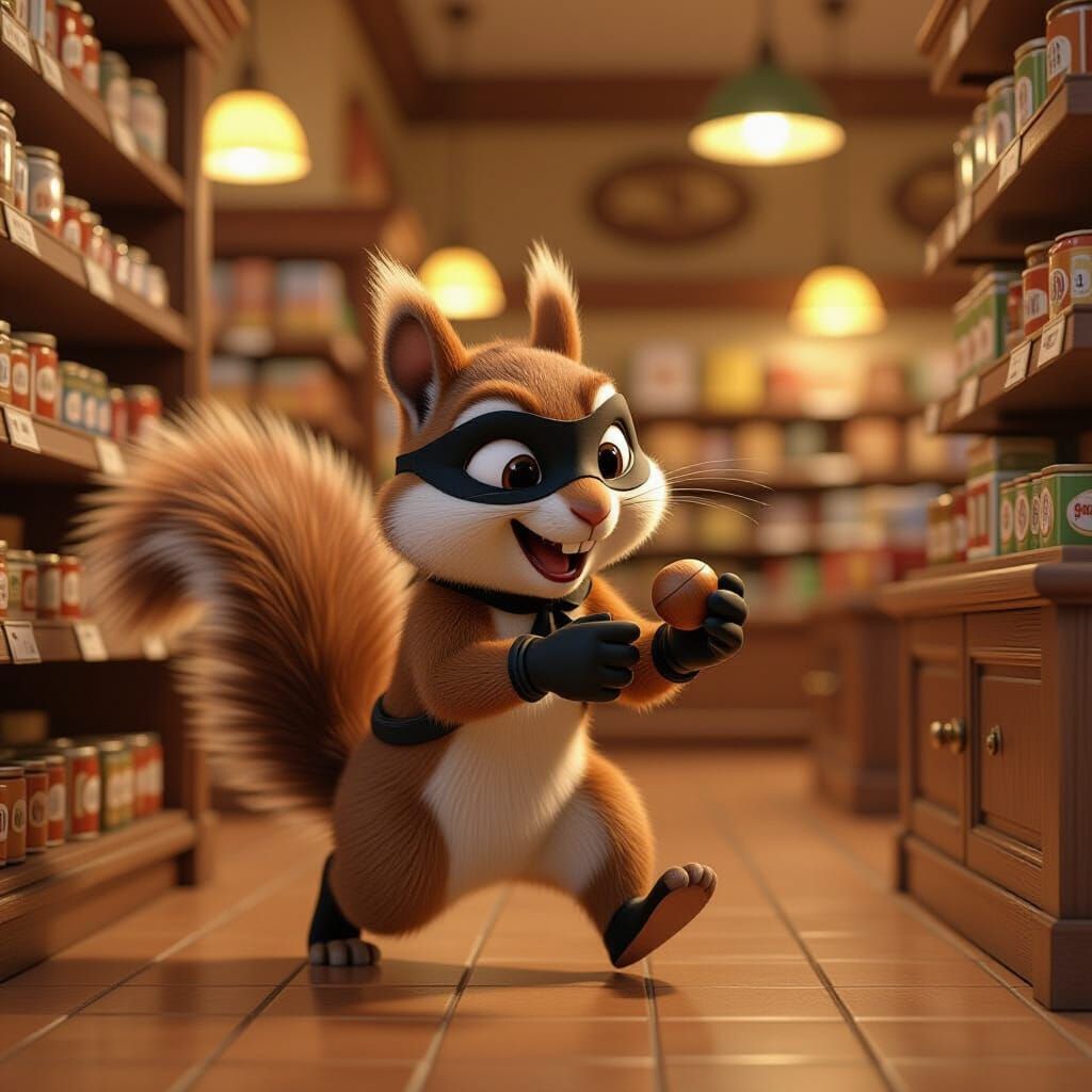 Pixar-Style Squirrel Thief in Grocery Store