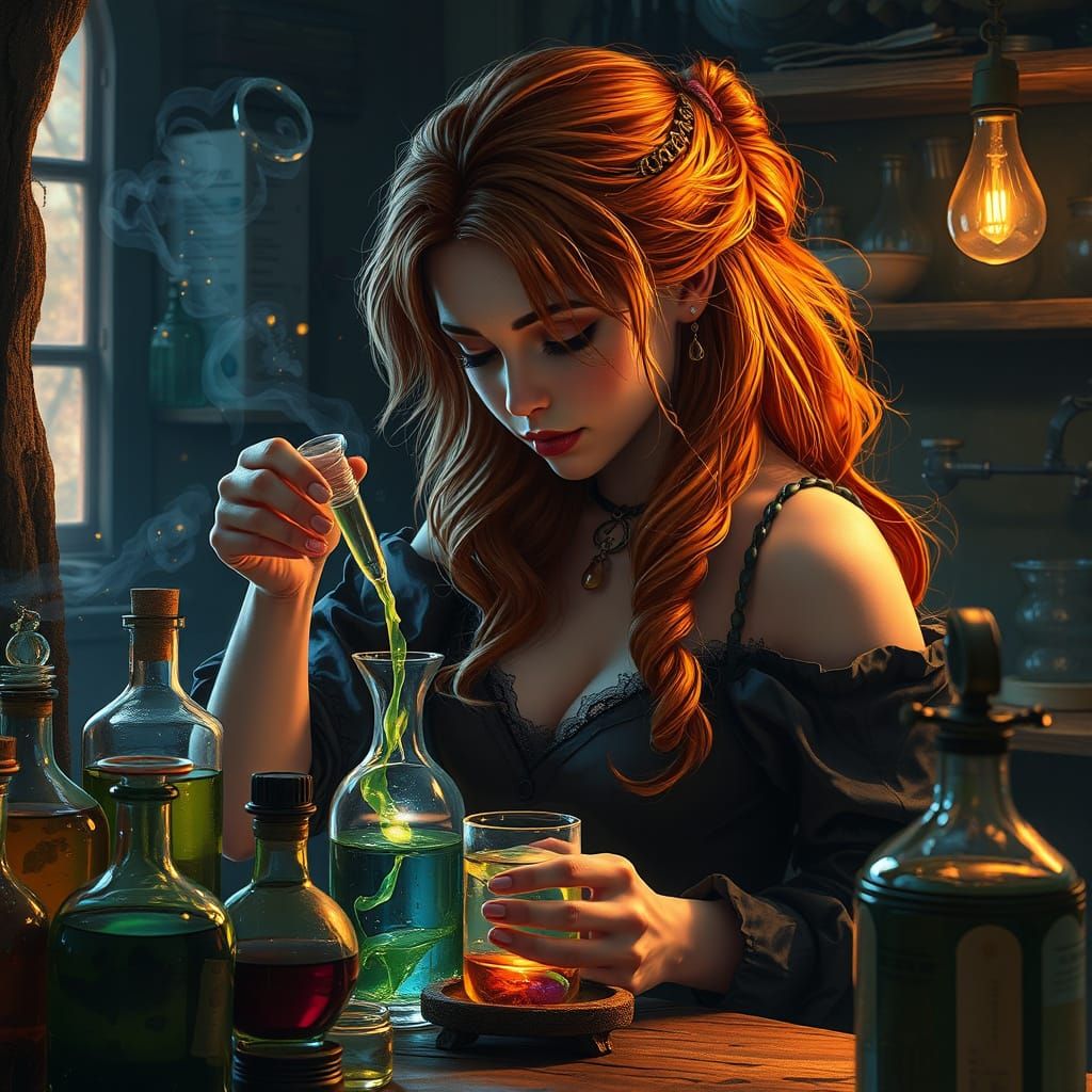 Fantasy Alchemist Crafting Potions in Magical Workshop