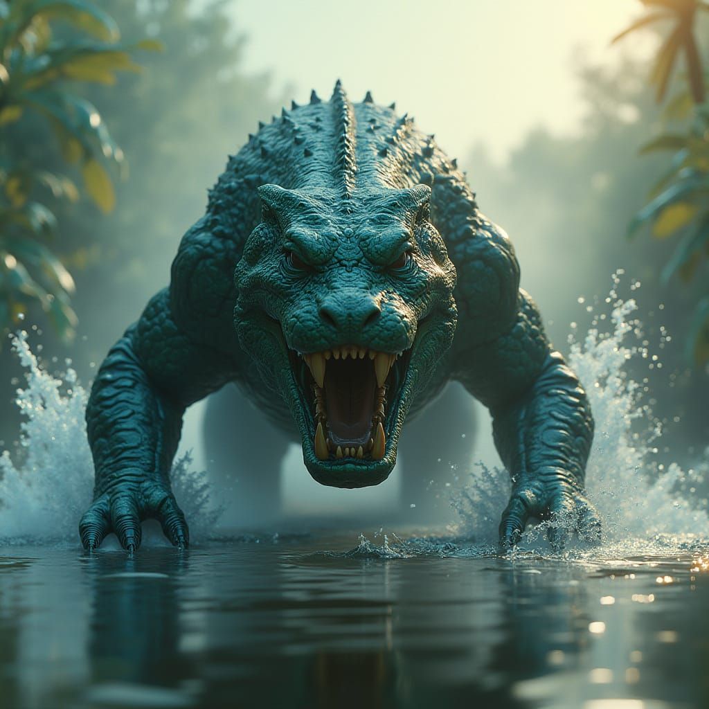 Surreal, Cyberpunk-Style Creature Emerges from Murky Waters