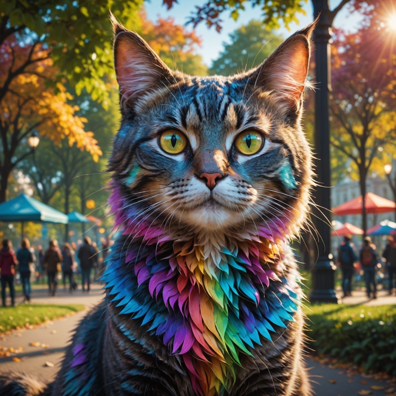 Vibrant Rainbow Feline in a Whimsical Park Setting
