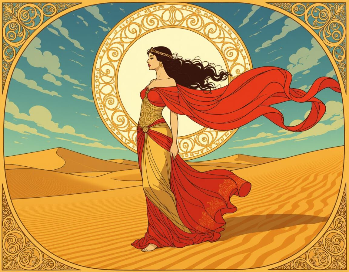 Ethereal Woman in Windy Desert: Surreal Digital Art