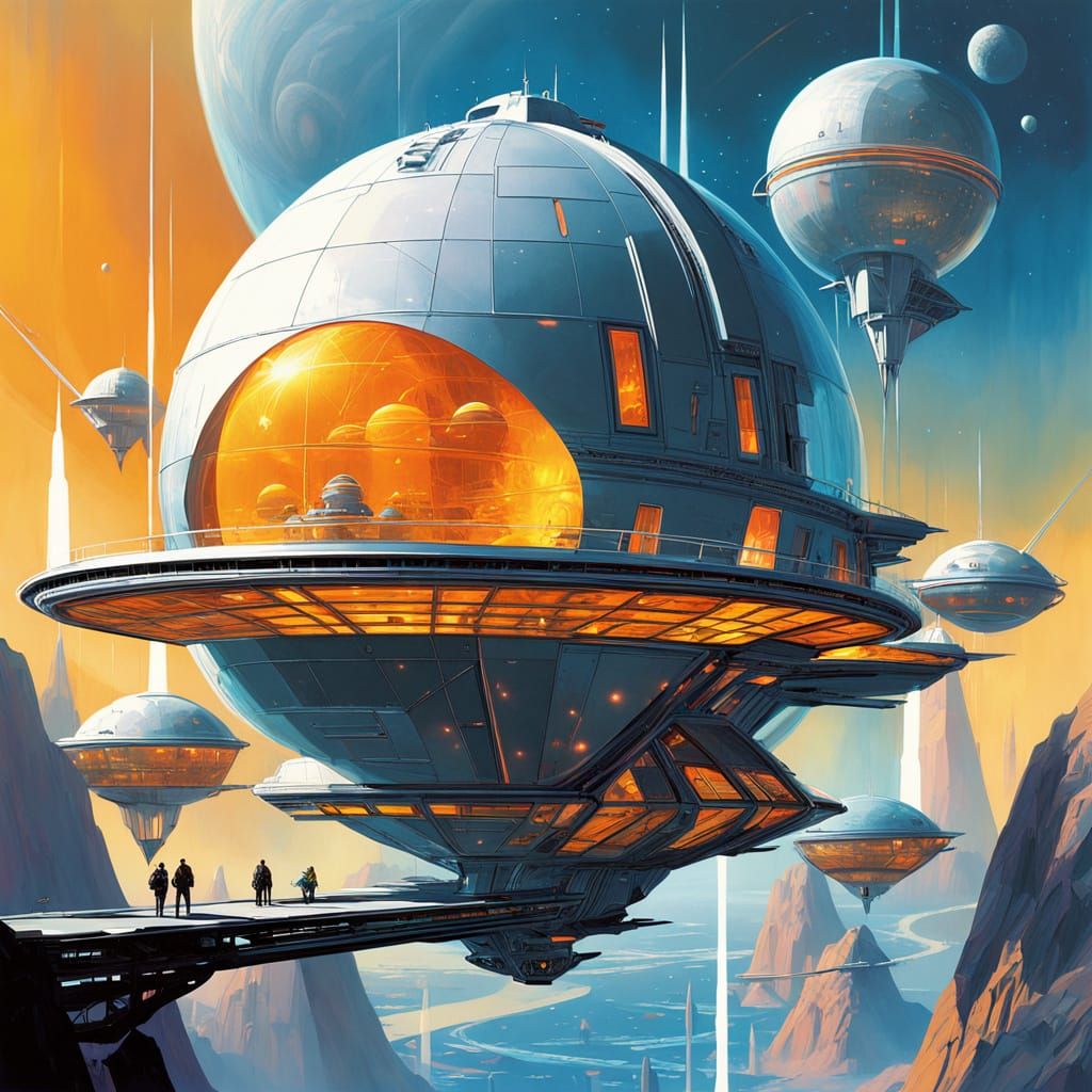 Retro-Futuristic Transporter Ship and Geodesic Domes in Spac...