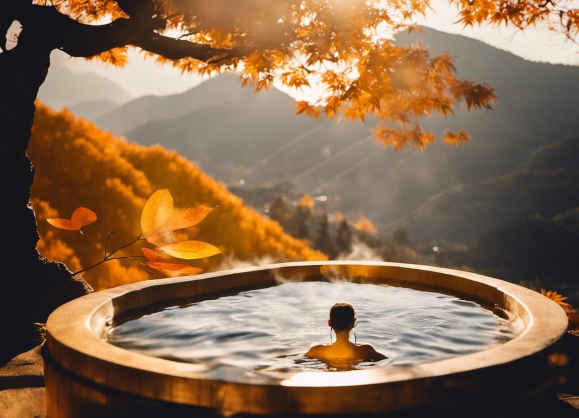 Golden Hour Mountain Retreat with Steaming Bath and Orange A...