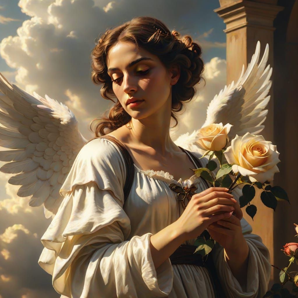 Angel Offering Rose in Baroque Style