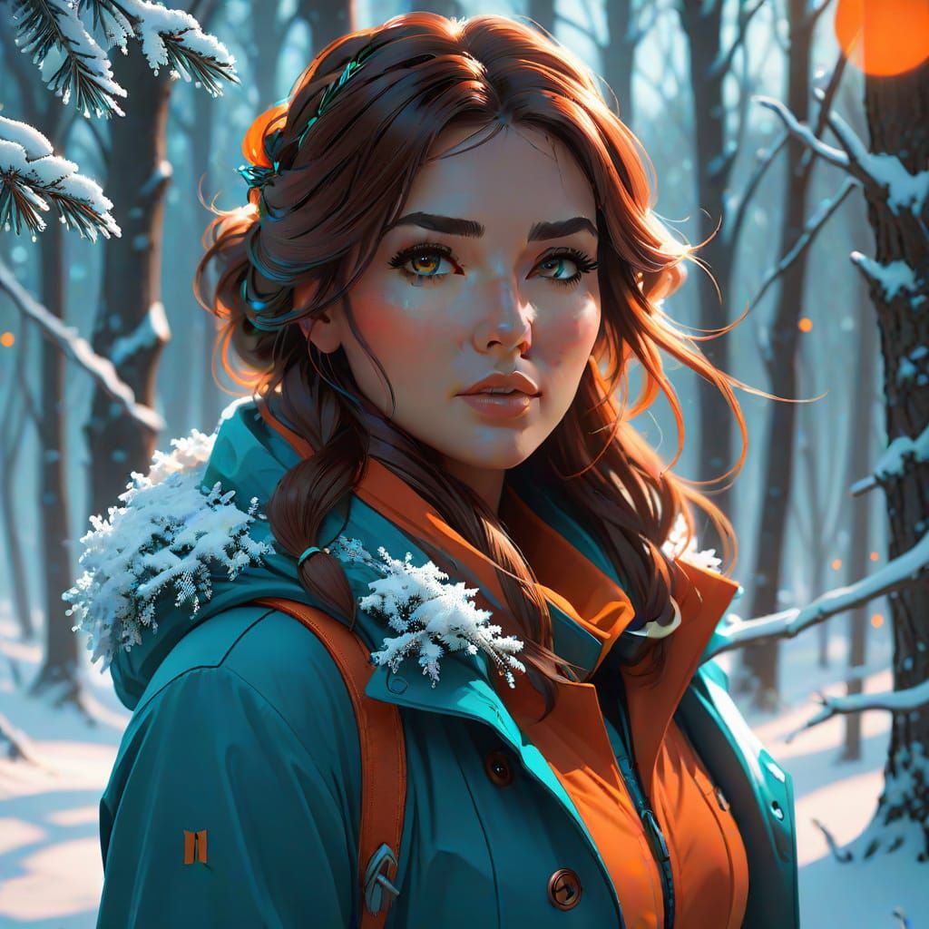Girl Walks in Winter Woods: Hyper-Realistic Digital Art