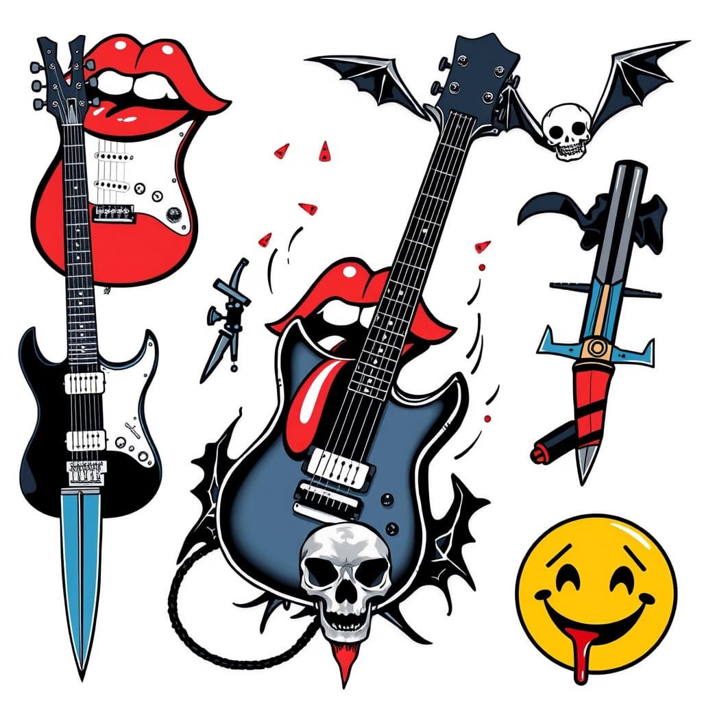 Cyberpunk Flash Tattoos: Guitars, Skulls, and Gothic Motifs