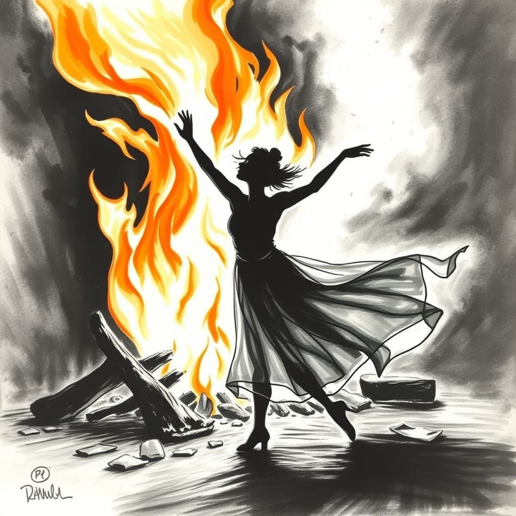 Dynamic Dancer Captured in Charcoal with Vibrant Firelight