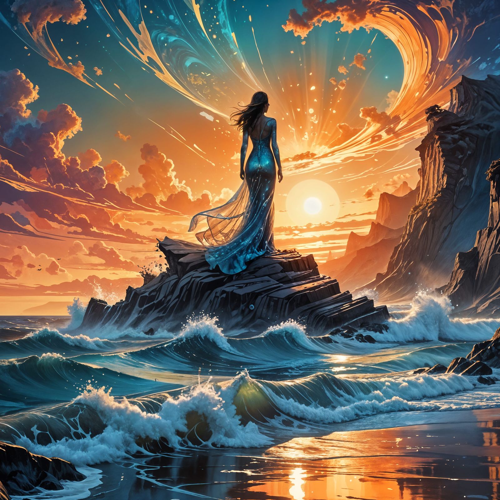 Ethereal Cosmic Goddess in Majestic Oceanscape