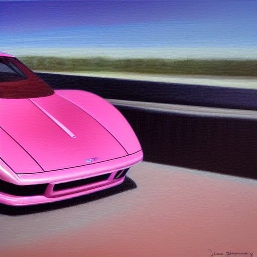 Glossy Pink Supercar Approaches the Distant Horizon