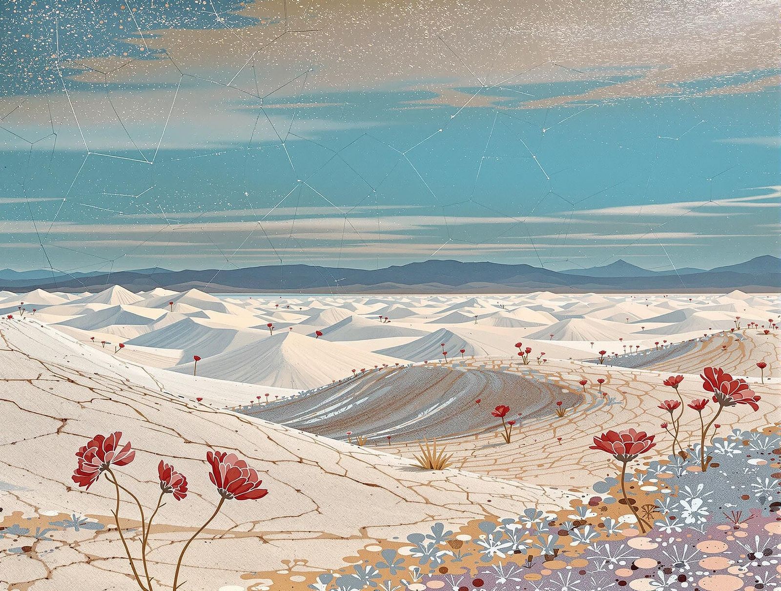 Elegant Glass Etching of Desert Dunes in Rose-Tinted Dawn