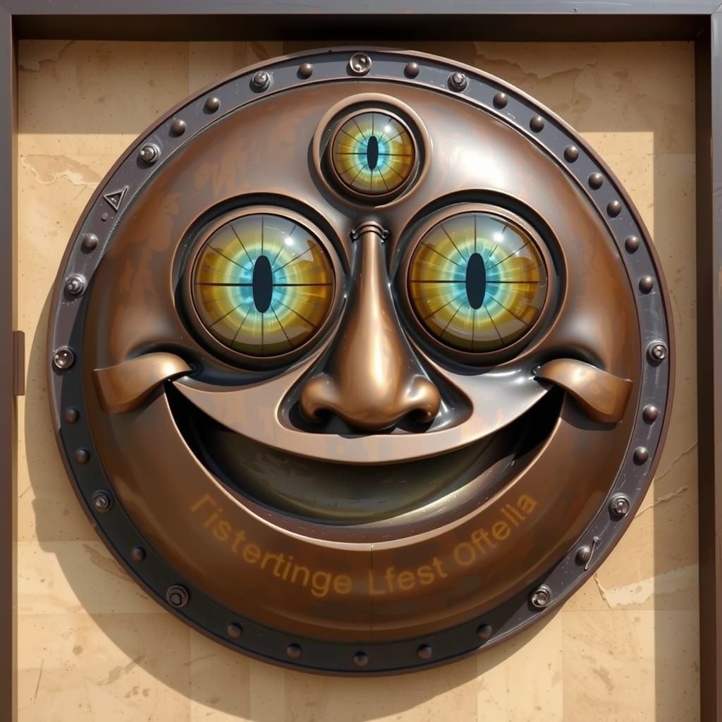 Giant Bronze Three-Eyed Smiley Face Sculpture