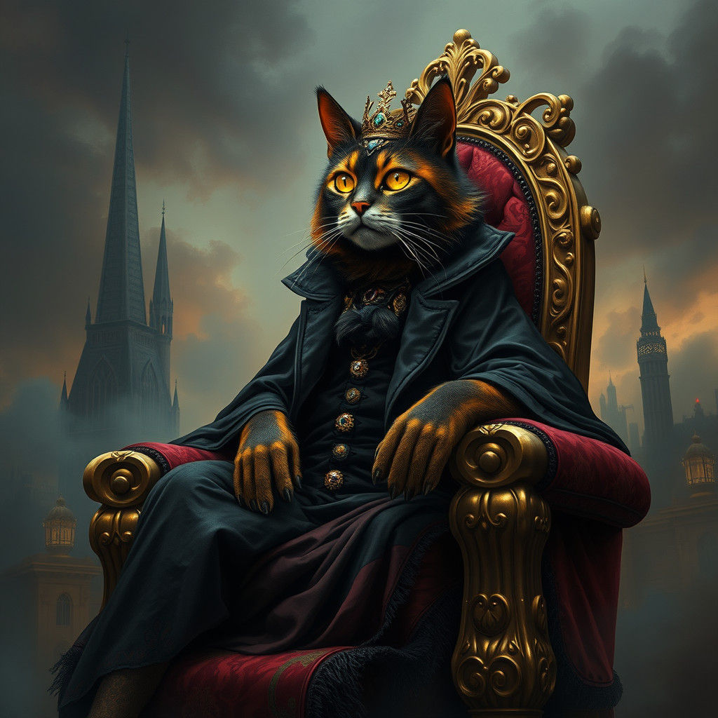 Regal Feline Crime Lord on Velvet Throne in Mystical Citysca...
