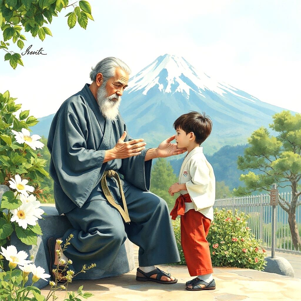 Wise Karate Master Teaches Boy, Fuji Watercolor
