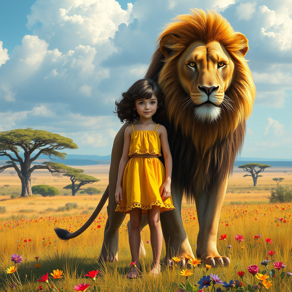 Young Girl Stands Confidently Beside Majestic Lion in Dreaml...