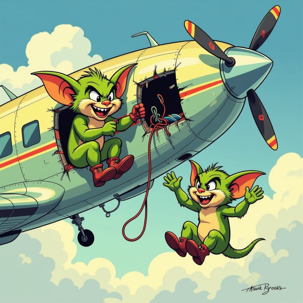 Cartoon Gremlins Wreak Havoc on Airplane Wing