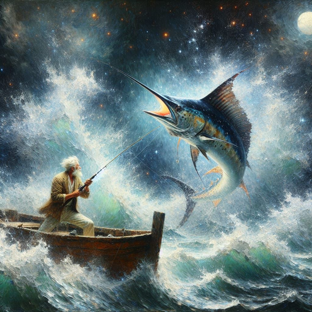 Ethereal Encounter: An Aging Fisherman vs. a Majestic Marlin