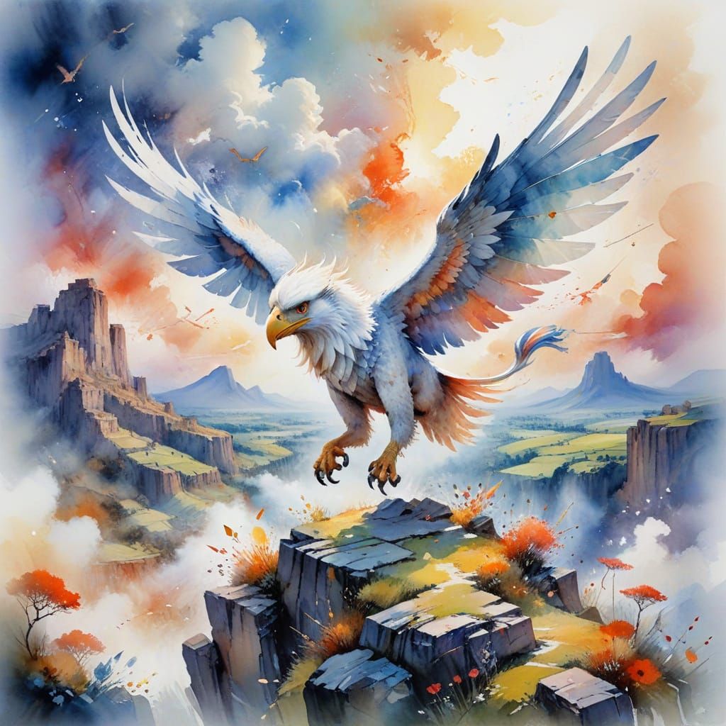 Ethereal Griffin Soars Over Dreamy Landscape in Vibrant Wate...