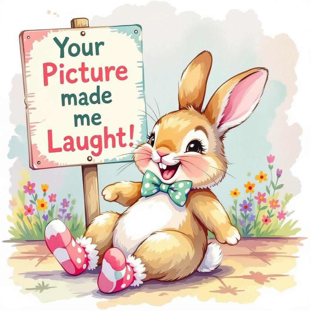 Giggling Bunny Rabbit with Funny Sign, Whimsical Watercolor