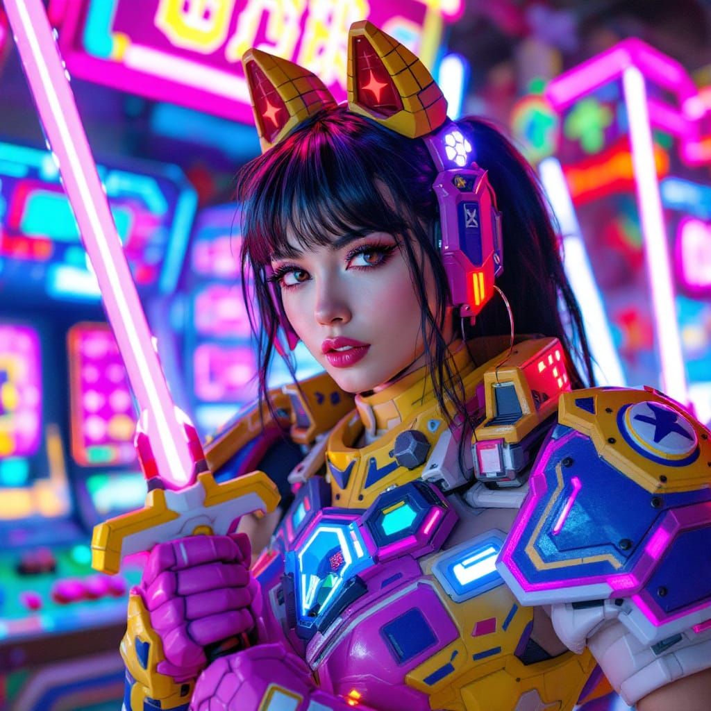 Retro-Futuristic Warrior Empowered by 80s Arcade Nostalgia