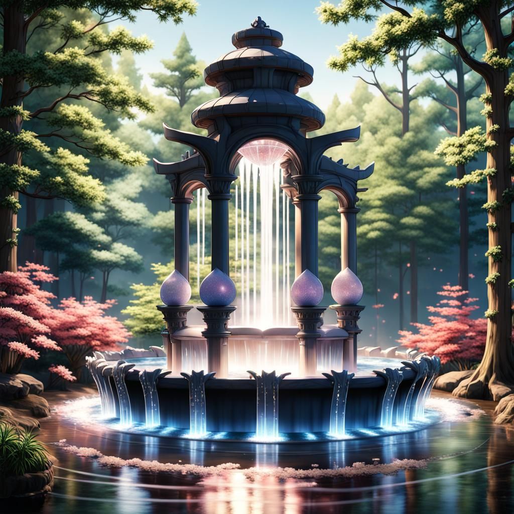 Mystical Japanese Fountain in Enchanted Woodland
