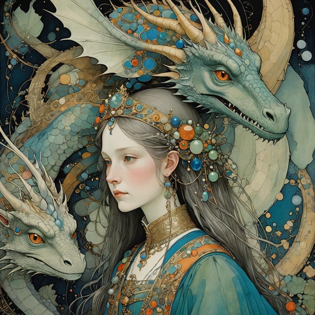 Princess and Dragon in Vibrant Abstract Art