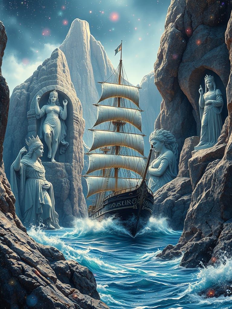 Majestic Ship Among Royal Statues, Cinematic Style