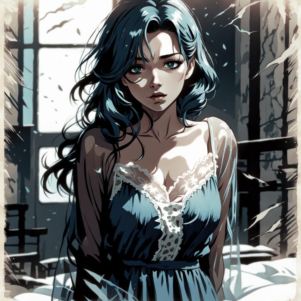 Anime Woman with Blue Hair and Lips in Retro Portrait
