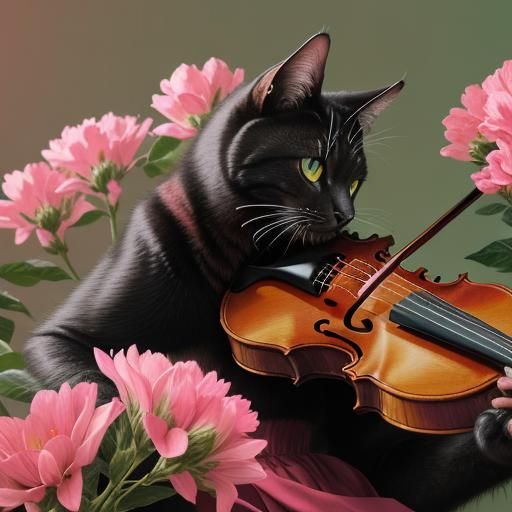 A Cat Plays Violin in Vibrant, Hyperrealistic Flowers