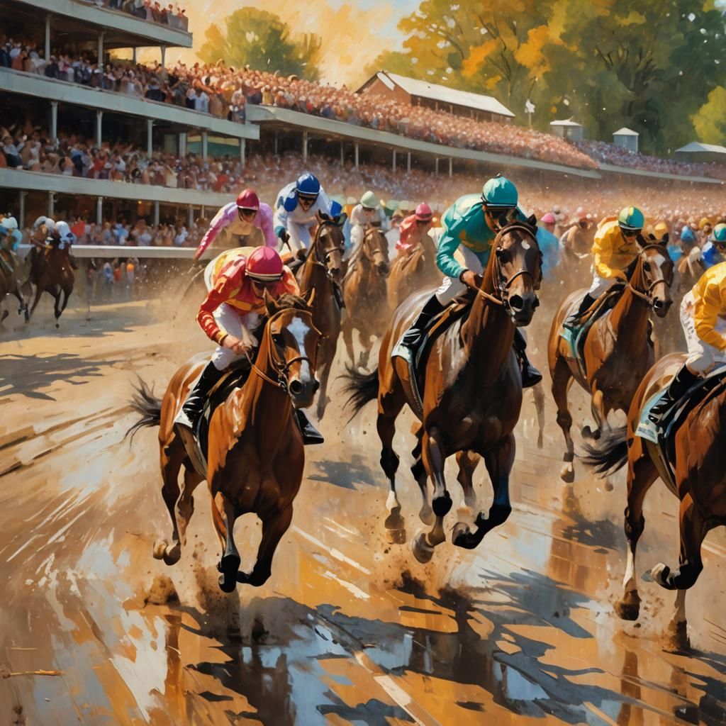 Horse race. Horses racing down the Saratoga trach. Huge crow...