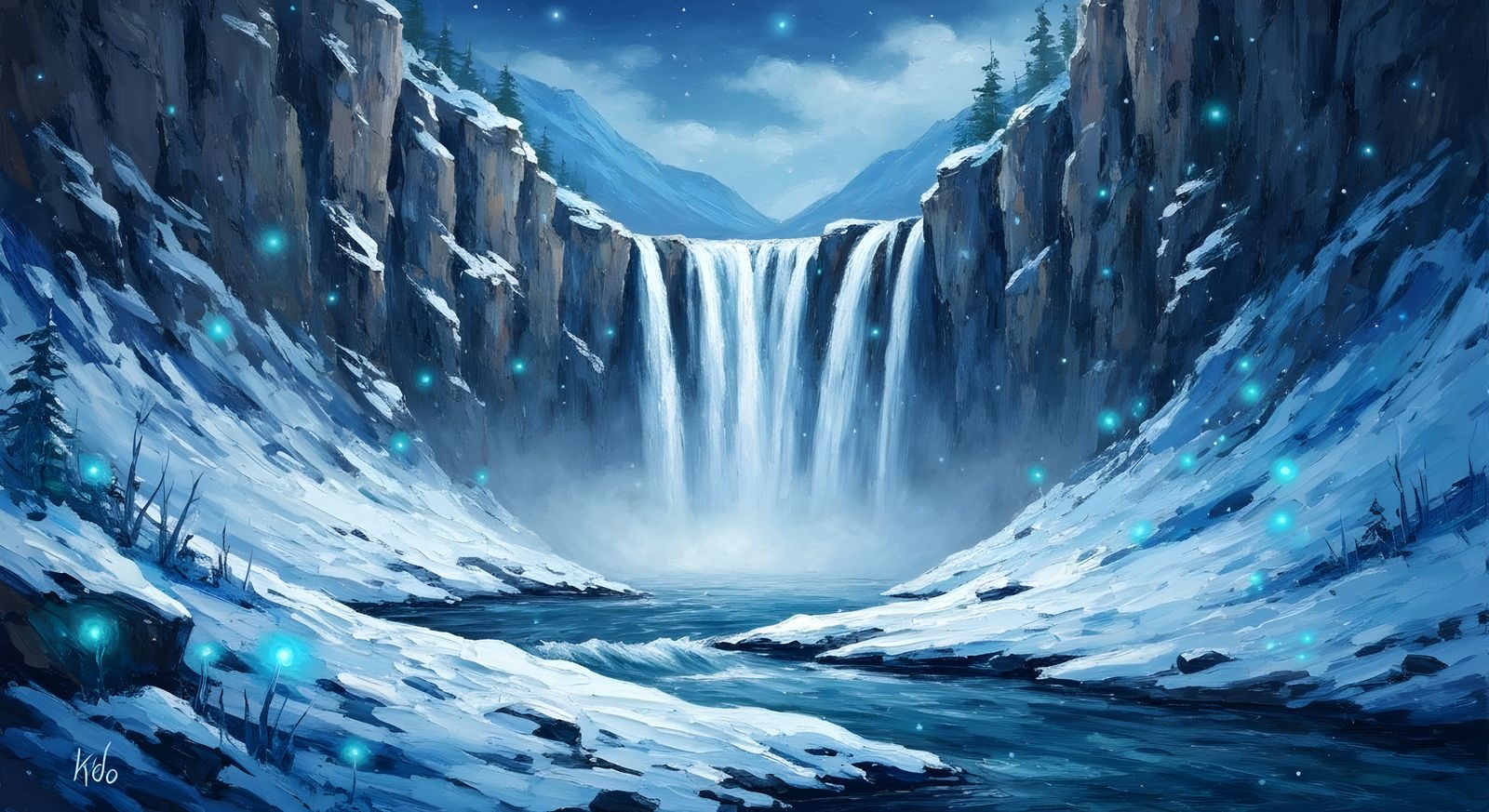 Magical Winter Waterfall in Neo-Impressionist Style