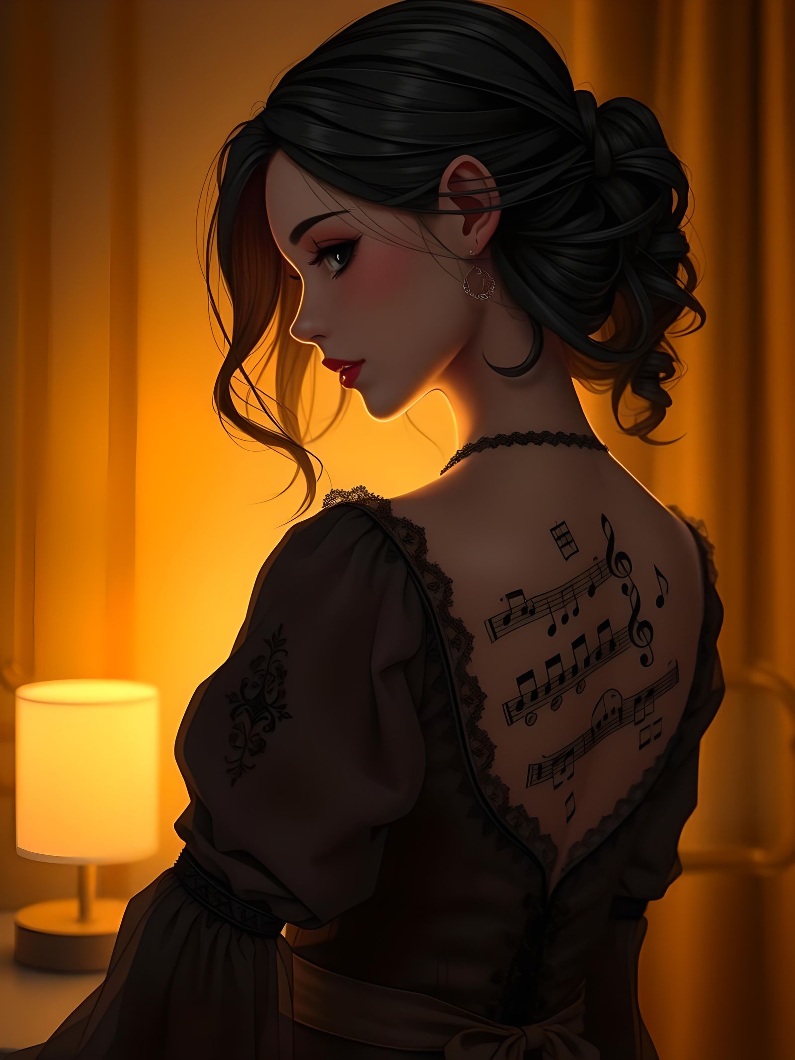 Ethereal Anime Goddess with Musical Notes Tattoo in Deep, Vi...