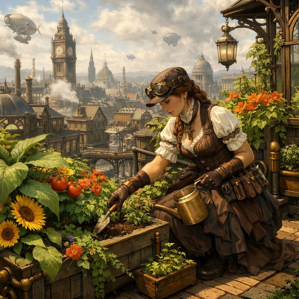 Steampunk Gardener in Victorian City Rooftop Garden