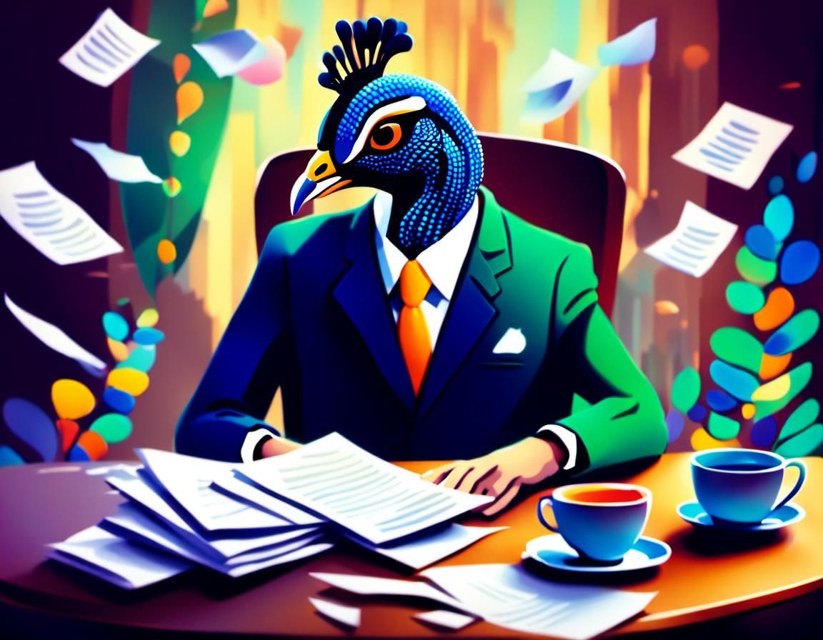 Man Surprised by Whimsical Peacock in a Dreamlike Office Sce...