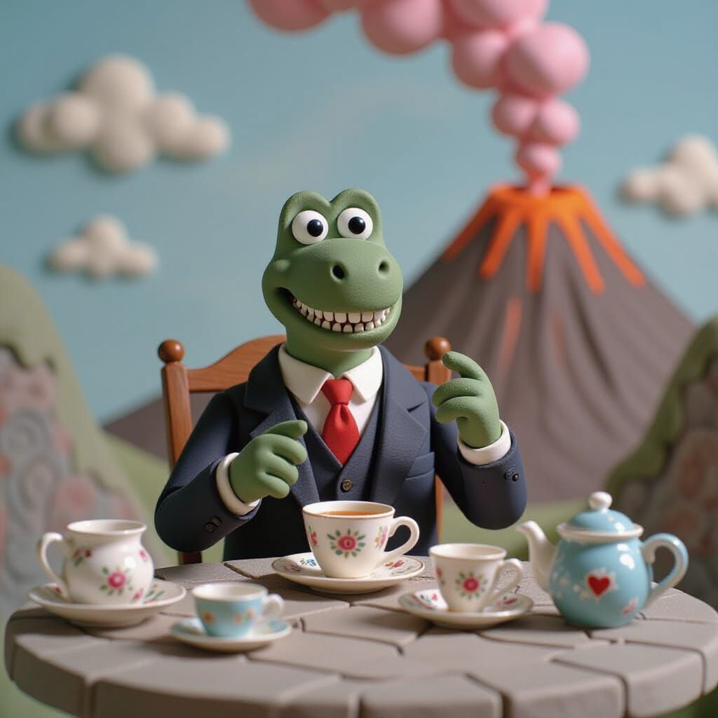 Clay T-Rex Tea Party in Stop-Motion Animation
