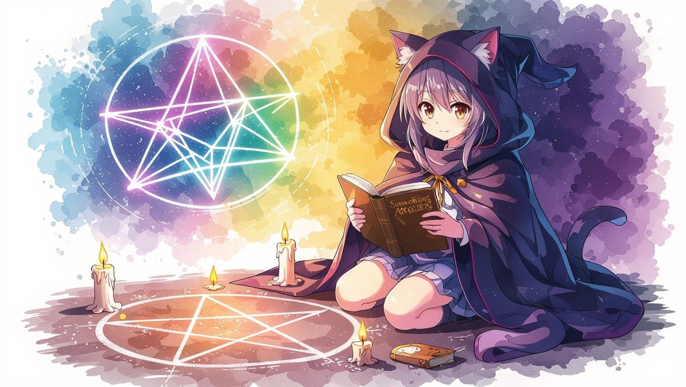 Surreal Anime Cat Girl Conjures Magical Geometry