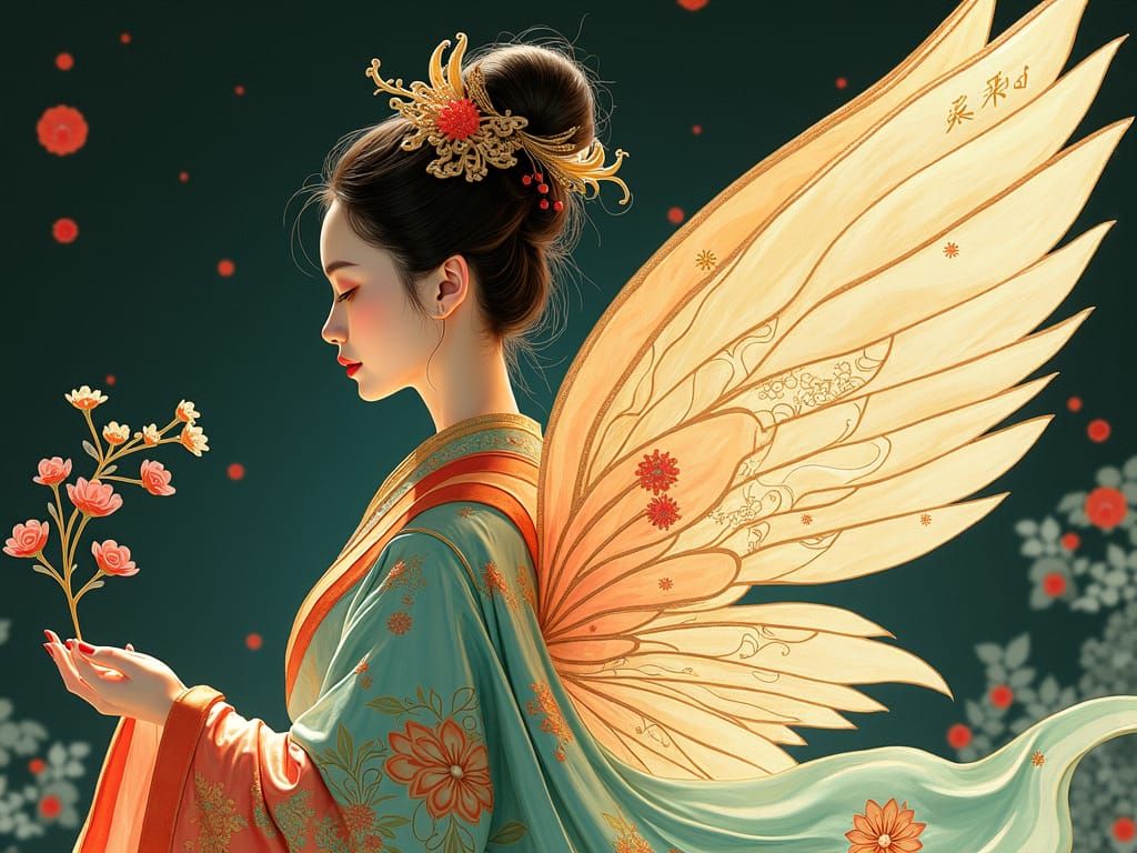 Ethereal Chinese Temple Fairy in Art Deco Korean Folk Art St...