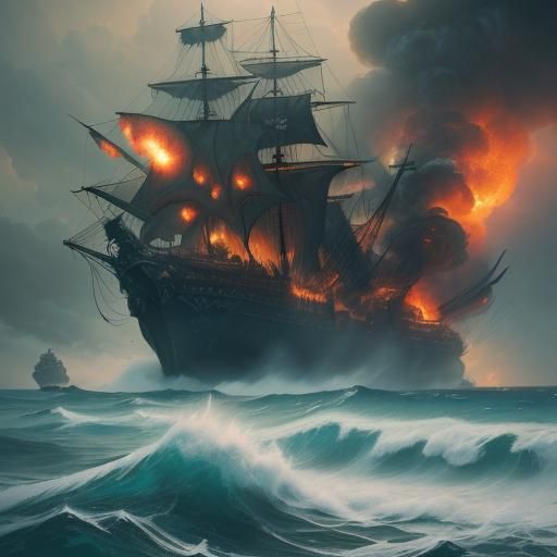 Dramatic Battle of Pirate Ships at Golden Hour