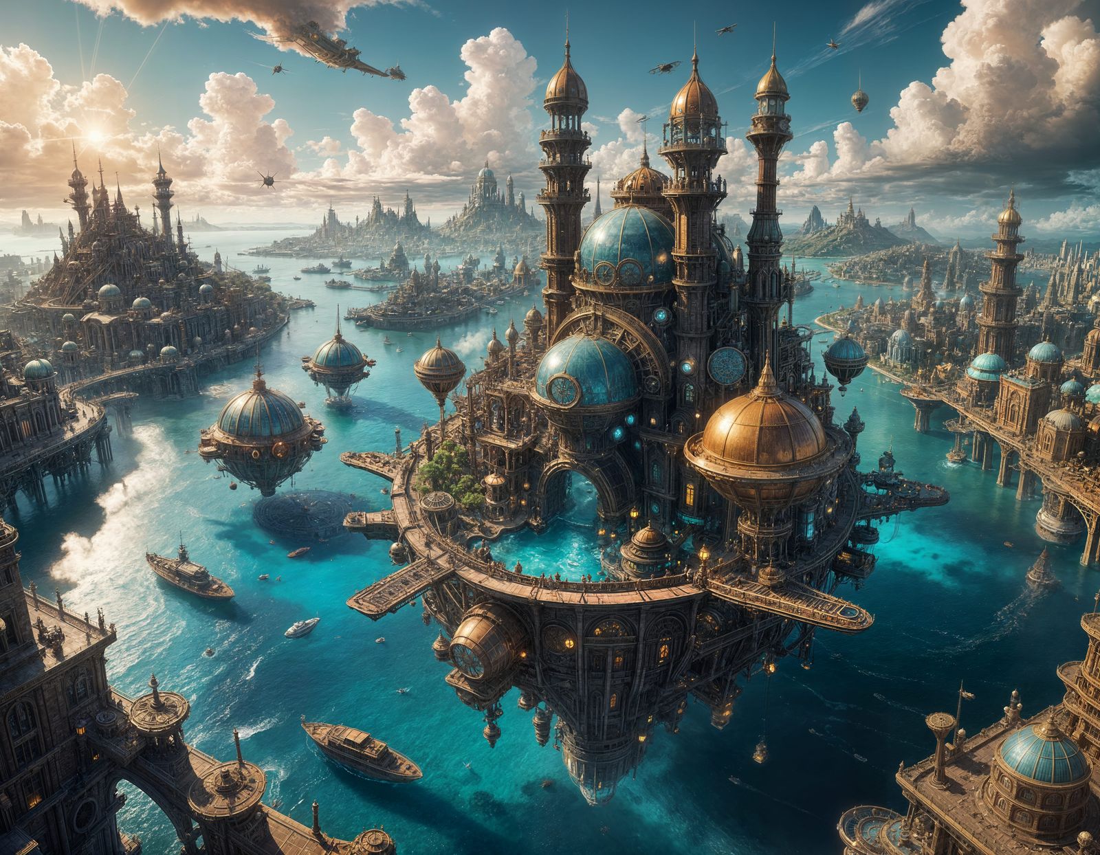 Steampunk City Floating Above Turquoise Sea