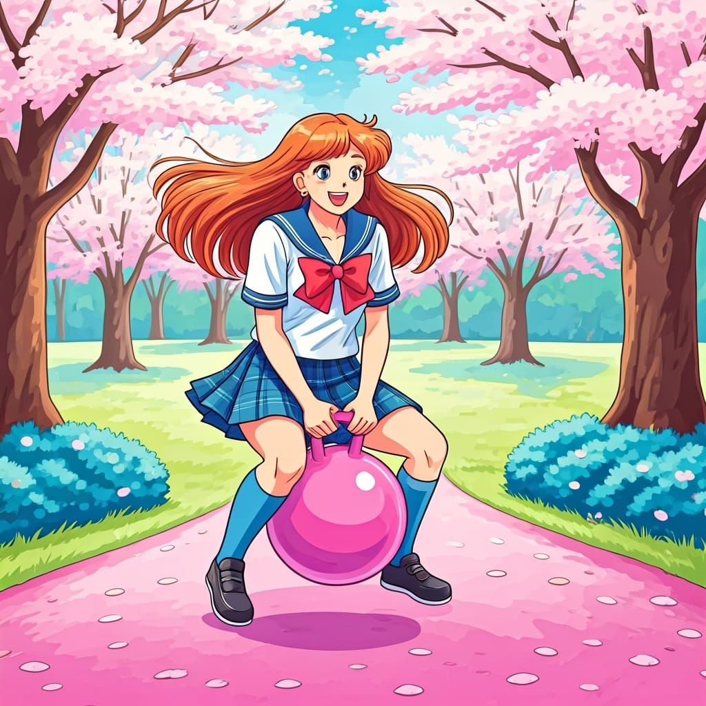 Schoolgirl on Space Hopper in 90s Anime Style