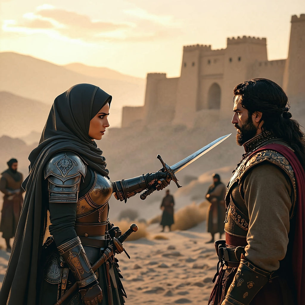 Female Warrior Blocks Envoy at Fortress, Cinematic Lighting