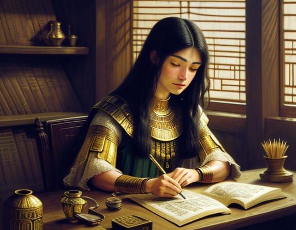 Ethereal Scribe at Ancient Desk, in Mystical Realism Style