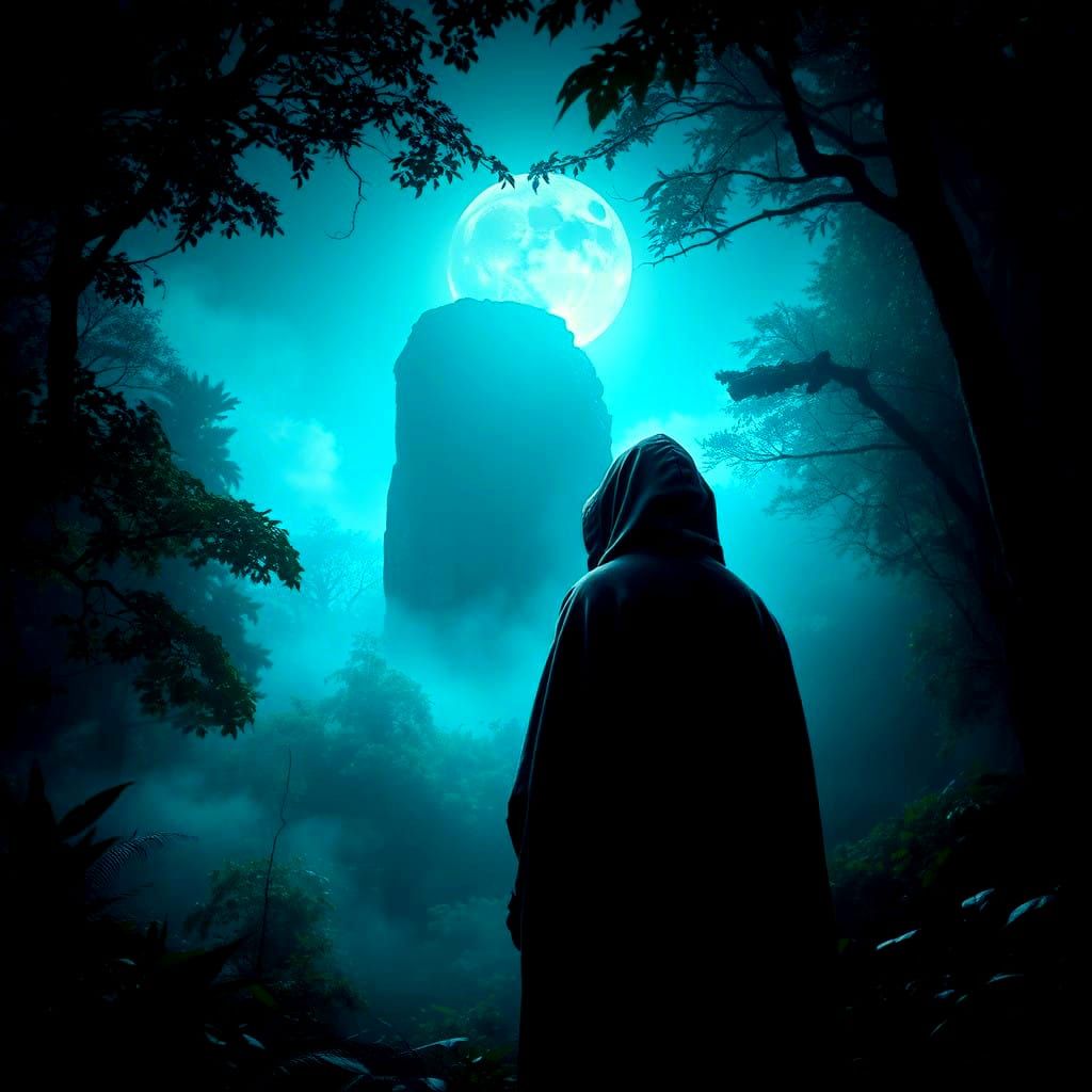 Surreal Woodland with Monolith Under Blue Moonlight
