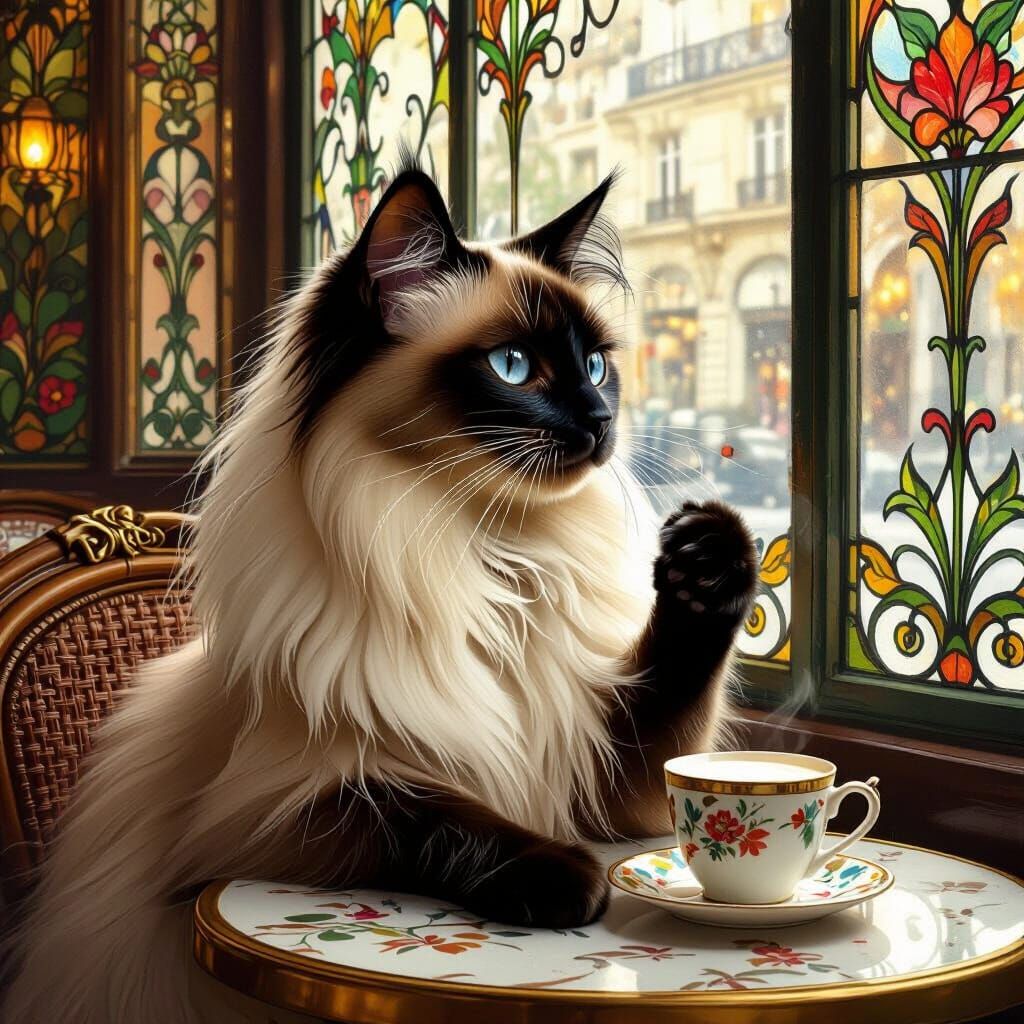 Siamese Cat in Art Nouveau Cafe