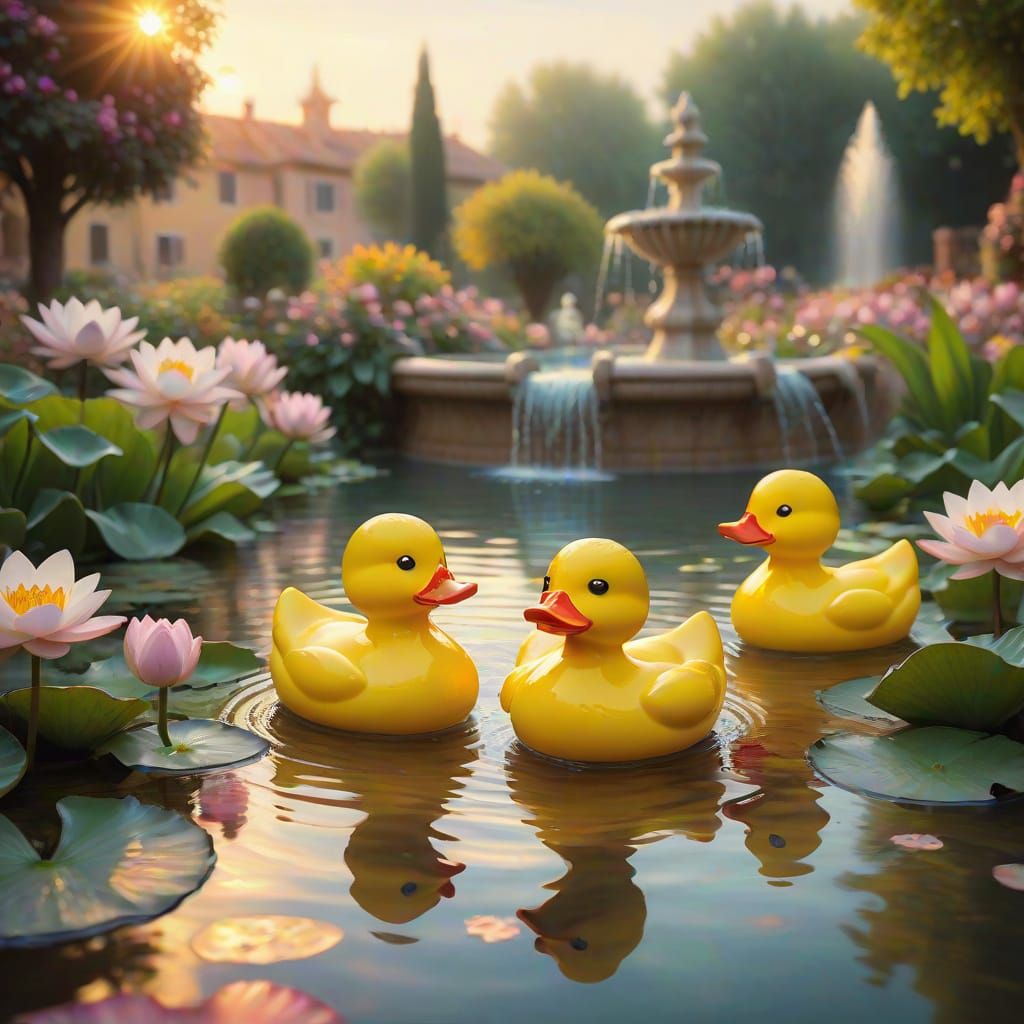 Dreamy Italian Fountain Scene with Rubber Ducks in Warm Gold...