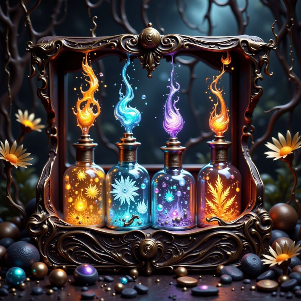 Magical Elemental Bottles in Ornate Box