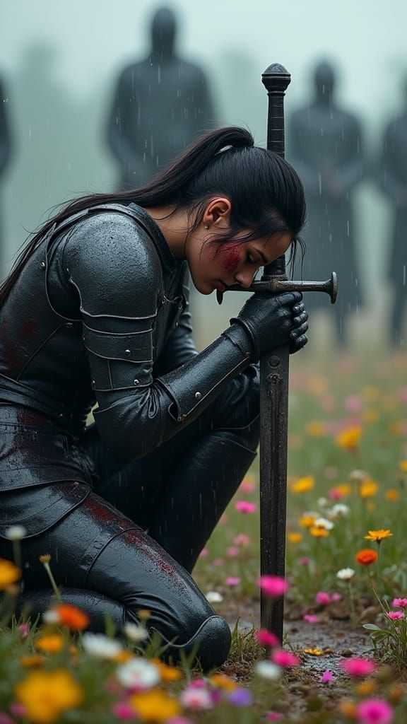 Solemn Armored Warrior Woman Kneeling in Rainy Battlefield