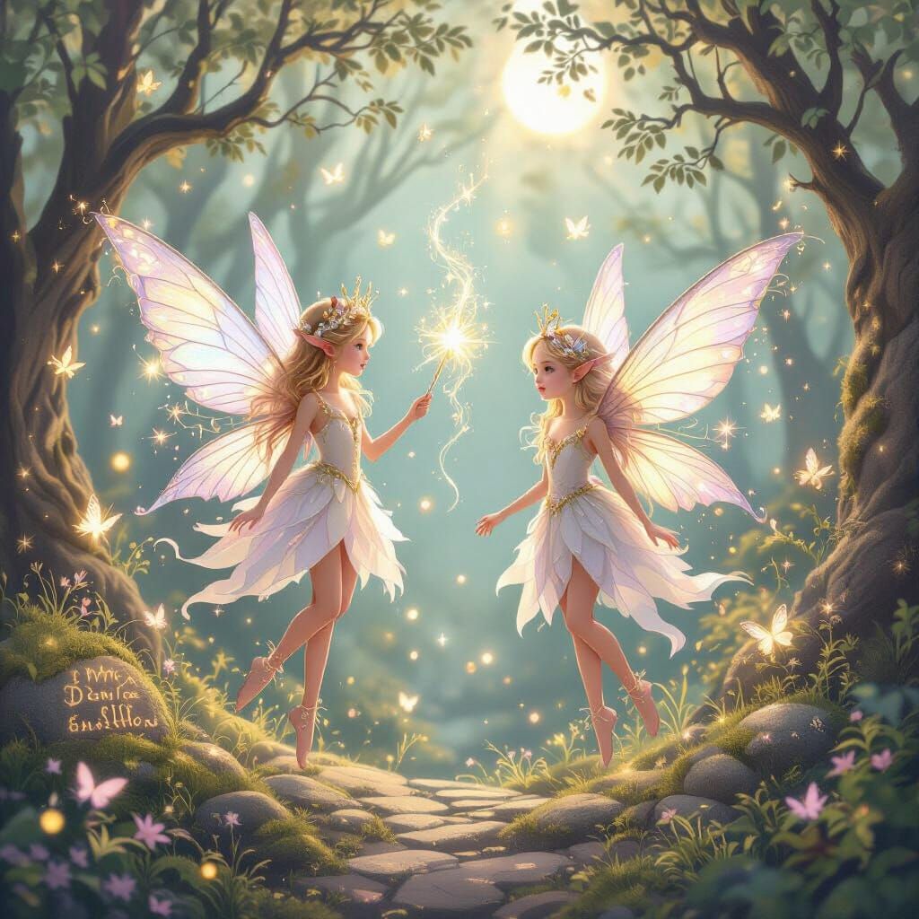 Ethereal Fairies in Enchanted Forest with Magic Wand